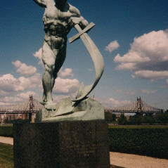 The statue outside the UN building in New York based on a Biblical prophecy about beating swords into ploughshares, which we visited and that provides an inspiration for our work.